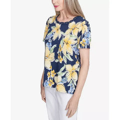 Alfred Dunner Women's Floral Braided Crew Neck Top, Navy, Size Small