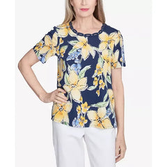 Alfred Dunner Women's Floral Braided Crew Neck Top, Navy, Size Small