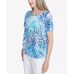 Alfred Dunner Women's Animal Printed Top with Ruched Sides, Blue