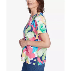 Alfred Dunner Women's Tropical Leaf Split Beaded Neck Top, Bright