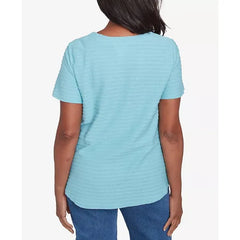 Alfred Dunner Women's Classic Solid Textured Short Sleeve Top, Aqua