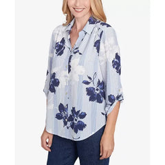 Alfred Dunner Women's Classic Striped Flower Button Front Tie Sleeve Top, Navy