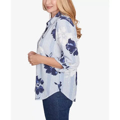 Alfred Dunner Women's Classic Striped Flower Button Front Tie Sleeve Top, Navy
