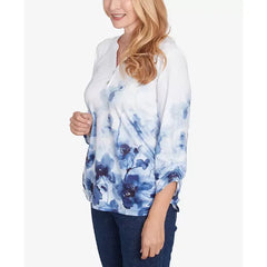 Alfred Dunner Women's Classic Floral Border Ruched Sleeve Henley Top, Navy Multi