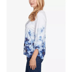 Alfred Dunner Women's Classic Floral Border Ruched Sleeve Henley Top, Navy Multi