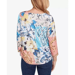 Alfred Dunner Women's Classic Floral Patch Drawstring Top , Navy Multi