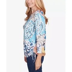 Alfred Dunner Women's Classic Floral Patch Drawstring Top , Navy Multi
