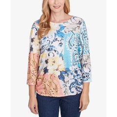 Alfred Dunner Women's Classic Floral Patch Drawstring Top , Navy Multi