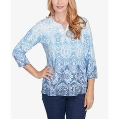 Alfred Dunner Women's Classic Split Beaded Neck Ombre Medallion Top, Navy, Size Small