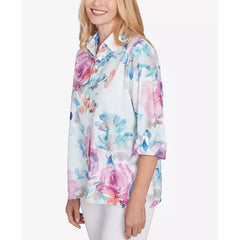 Alfred Dunner Women's Classic Floral Watercolor Button Down Top, Iris