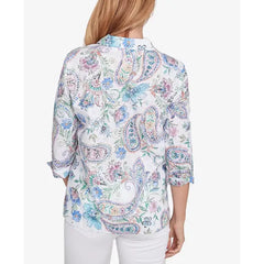 Alfred Dunner Womens Paisley Button Down Top with Cuffed Sleeves