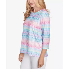 Alfred Dunner Women's Classic Geometric Crewneck Biadere Top, Multi Pink
