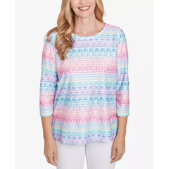 Alfred Dunner Women's Classic Geometric Crewneck Biadere Top, Multi Pink