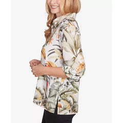 Alfred Dunner Women's Classic Tropical Bird Button Front Top, Olive Multi
