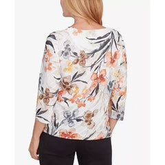 Alfred Dunner Women's Classic Watercolor Floral Crewneck Top, Neutral Multi, Size Small
