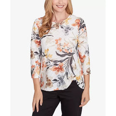 Alfred Dunner Women's Classic Watercolor Floral Crewneck Top, Neutral Multi, Size Small