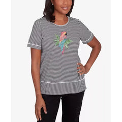 Alfred Dunner Women's Classic Crewneck Parrot Striped Top, Black