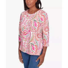 Alfred Dunner Women's Classic Embellished Crewneck Paisley Top, Coral