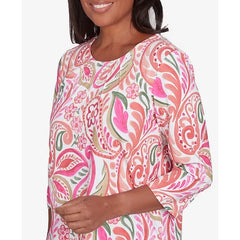 Alfred Dunner Women's Classic Embellished Crewneck Paisley Top, Coral
