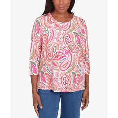 Alfred Dunner Women's Classic Embellished Crewneck Paisley Top, Coral