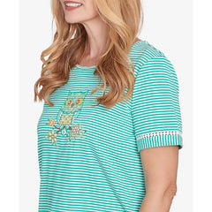 Alfred Dunner Women's Classic Owl Knit Striped Top, Jade