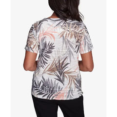 Alfred Dunner Women's Warm Palm Tree Short Sleeve Top, Neutral