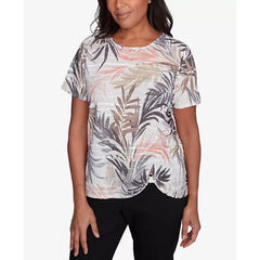 Alfred Dunner Women's Warm Palm Tree Short Sleeve Top, Neutral