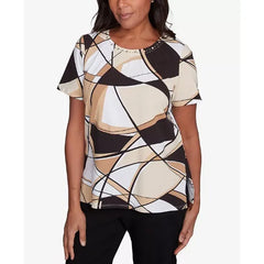 Alfred Dunner Women's Geometric Top with Detailed Neckline, Black/Tan