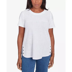 Alfred Dunner Women's Classic Solid Textured Short Sleeve Top, Aqua