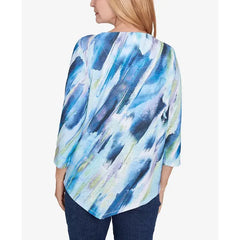 Alfred Dunner Petite Classics Diagonal Brushstroke Top with Necklace, Navy Multi
