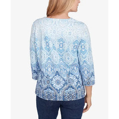 Alfred Dunner Petite Classics Split Beaded Neck Ombre Medallion Top, Navy, Size PS