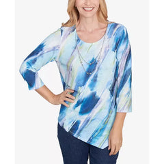 Alfred Dunner Petite Classics Diagonal Brushstroke Top with Necklace, Navy Multi