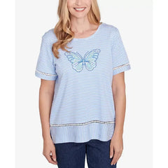 Alfred Dunner Petite Classics Striped Butterfly Short Sleeve T-Shirt, Iris