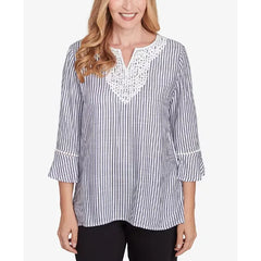 Alfred Dunner Petite Classics Embroidered Split Neck Striped Top, Black/White
