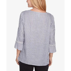 Alfred Dunner Petite Classics Embroidered Split Neck Striped Top, Black/White