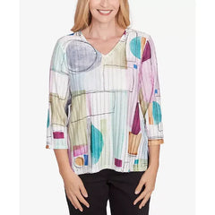 Alfred Dunner Petite Classics Geometric V-Neck Three Quarter Sleeve Top, Neutral Multi