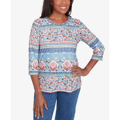 Alfred Dunner Petite Classics Knit Scroll Geometric Crewneck Top, Navy Multi