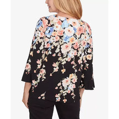Alfred Dunner Petite Classics Falling Flower Beaded Split Neck Top, Black