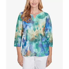 Alfred Dunner Petite Classics Watercolor Leaves Knit Top, Multi Green, Size PS