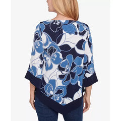 Alfred Dunner Petite Classics Abstract Bold Floral Patchwork Top with Necklace, Navy