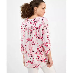Anne Klein Petite Floral Print V Neck Roll Tab Tunic, Flowy Lightweight Top , Anne White Multi