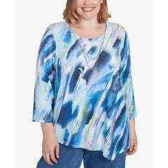 Alfred Dunner Plus Size Classic Diagonal Brushstroke Top with Necklace, Navy Multi, Size 1X