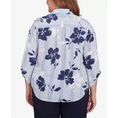 Alfred Dunner Plus Size Classic Striped Flower Button Front Tie Sleeves Blouse, Navy