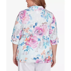 Alfred Dunner Plus Size Classic Floral Watercolor Button Down Top, Iris