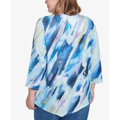 Alfred Dunner Plus Size Classic Diagonal Brushstroke Top with Necklace, Navy Multi, Size 1X