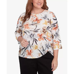 Alfred Dunner Plus Size Classic Watercolor Floral Crew Neck Top, Neutral Multi