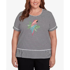 Alfred Dunner Plus Size Classic Crew Neck Parrot Striped Top, Black