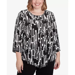 Alfred Dunner Plus Size Classic Vertical Geometric Top with Necklace, Black/White