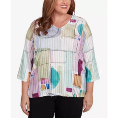 Alfred Dunner Plus Size Classic Geometric V-Neck Three Quarter Sleeves Top, Neutral Multi, Size 1X