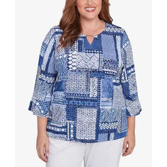 Alfred Dunner Plus Size Classic Beaded Split Neck Patchwork Top, Denim